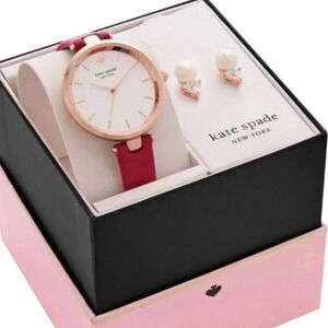 KATE SPADE Rose Gold Leather Strap Water Resistance Watch Pearl Earrings Set NWT